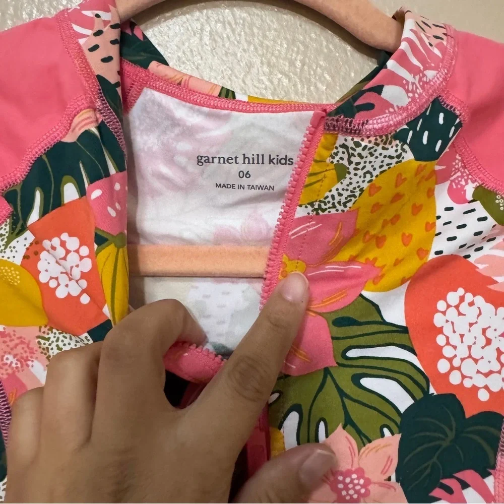 Garnet Hill Pink Tropical Zip-Front Rash Guard Tee